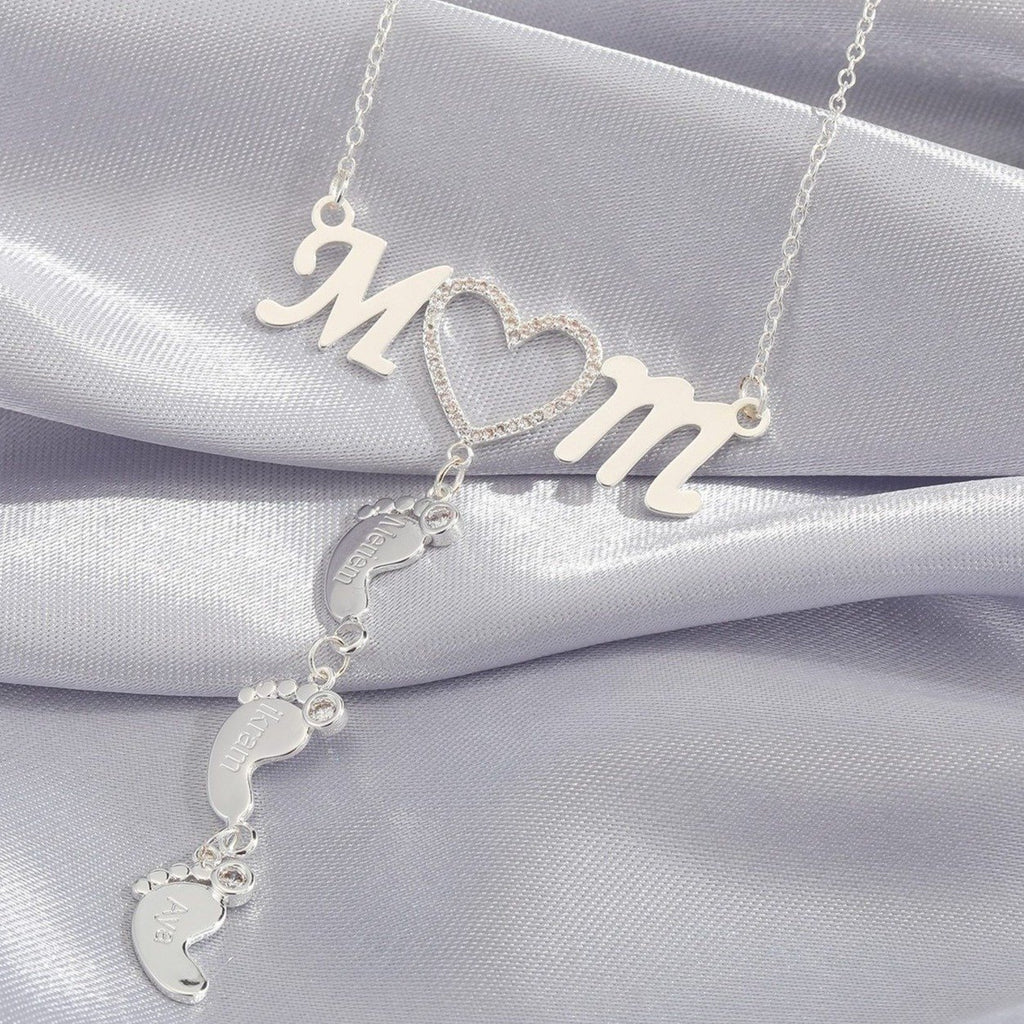 Personalized Inlay CZ Heart Mom 4 Baby Feet Drop Pendant Necklace For Mother's Day