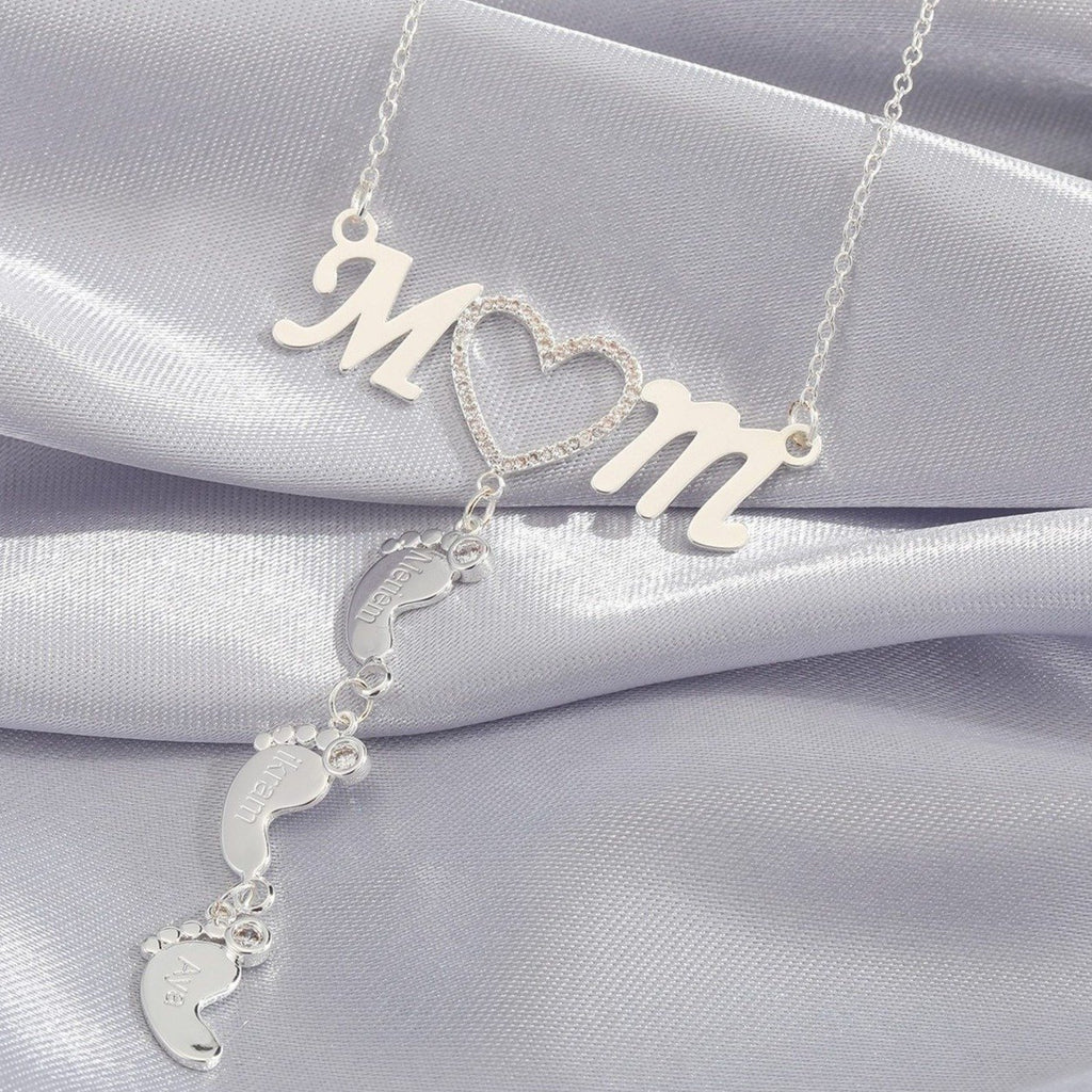 Personalized Inlay CZ Heart Mom 3 Baby Feet Drop Pendant Necklace For Mother's Day