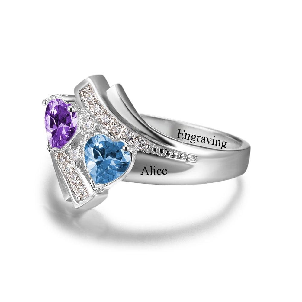 925 Sterling Silver Customized Heart Birthstone & Engraved Name Ring, Fashion Jewelry Gift for Women