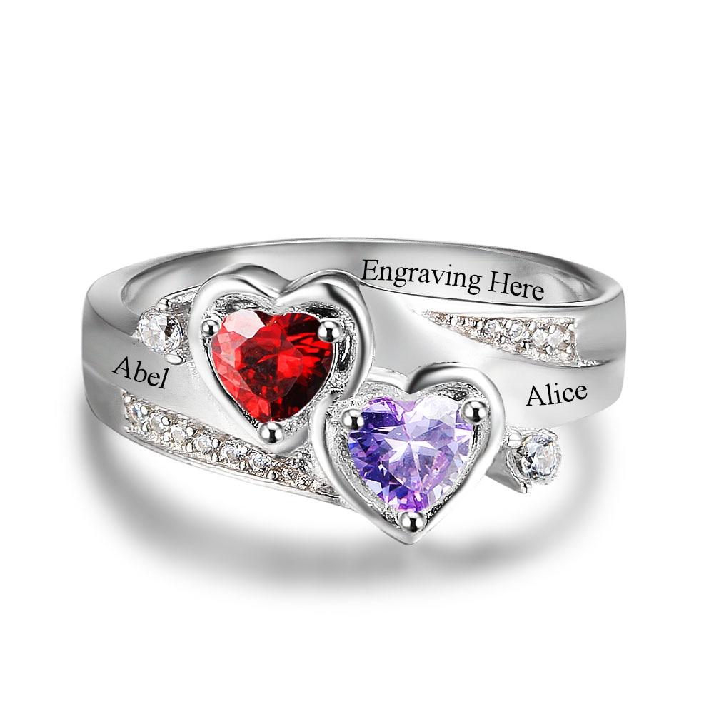 Personalized 925 Sterling Silver Ring - Custom Heart Birthstone - Engrave Custom Names - Customized Gift