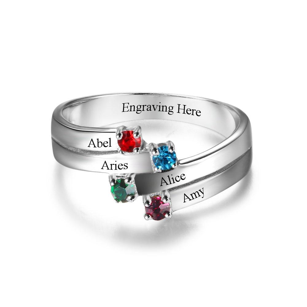 Anniversary Family Ring Engrave Names Custom 4 Birthstone Ring 925 Sterling Silver Commemoration Gift