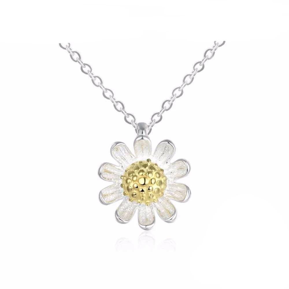 Solid 925 Sterling Silver Necklace for Women with Gold Color Sunflower Pendant