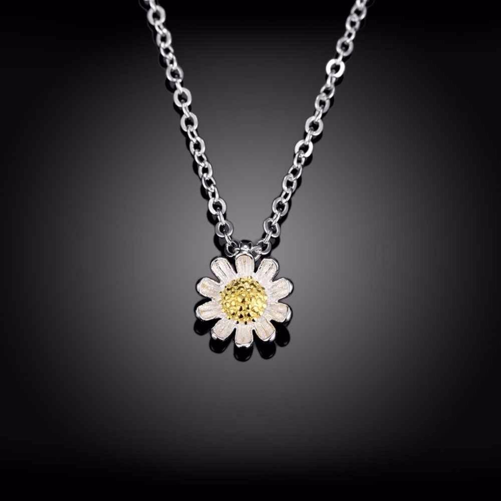 Solid 925 Sterling Silver Necklace for Women with Gold Color Sunflower Pendant