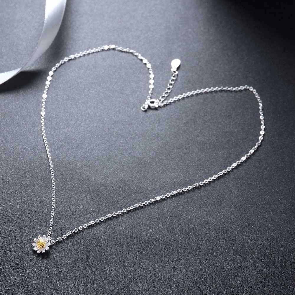 Solid 925 Sterling Silver Necklace for Women with Gold Color Sunflower Pendant