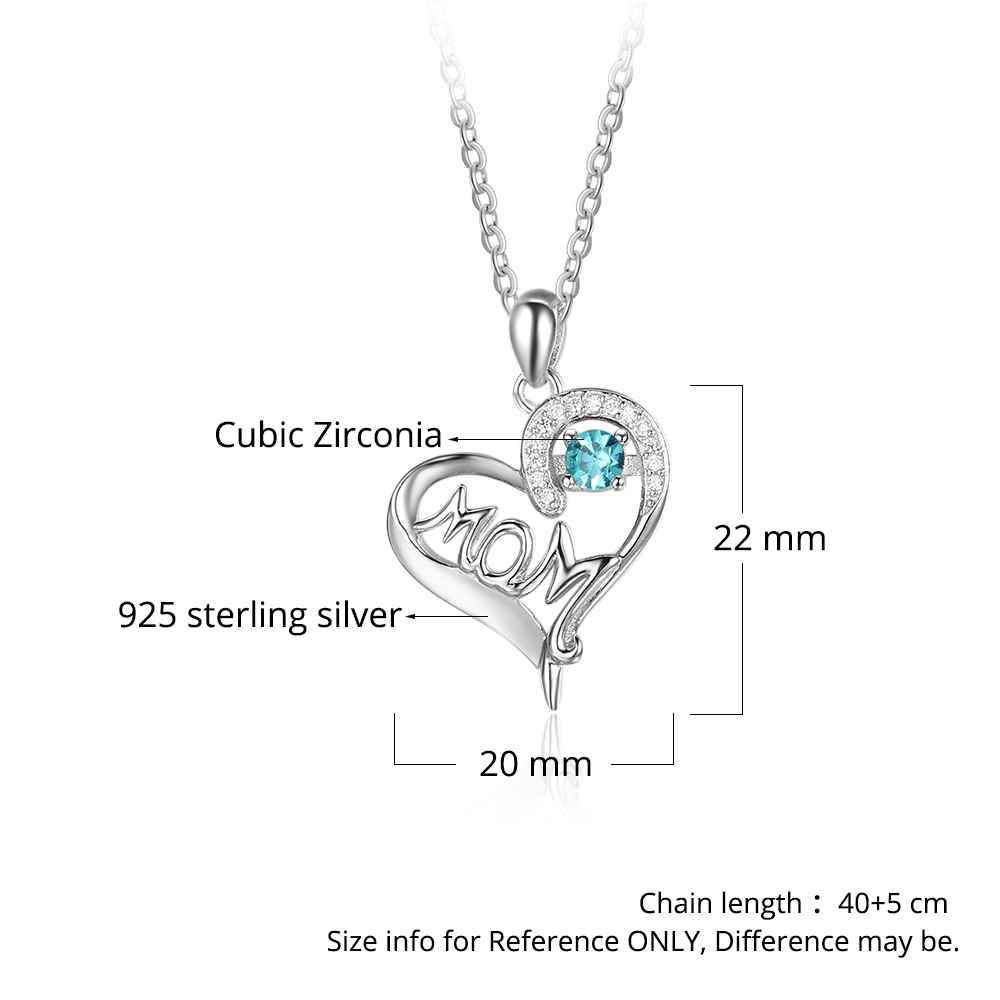 Personalized 925 Sterling Silver Birthstone Necklace with Mom Shape Love and Heart Jewelry Best Gift for Mom