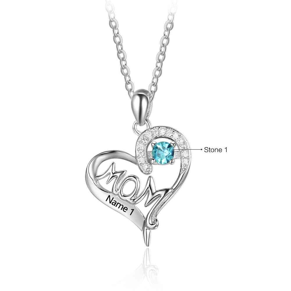 Personalized 925 Sterling Silver Birthstone Necklace with Mom Shape Love and Heart Jewelry Best Gift for Mom