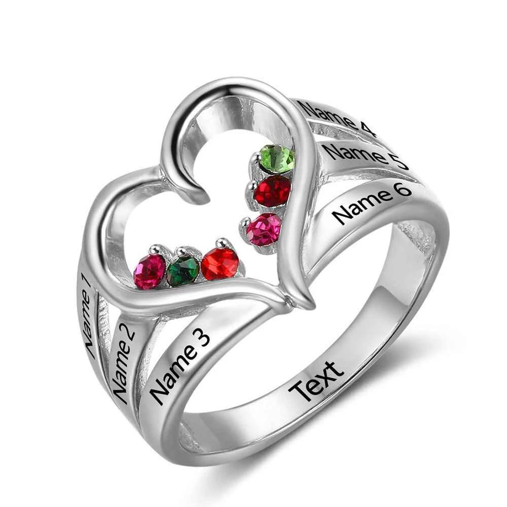 New 925 Sterling Silver Birthstone Ring Engrave Name Engagement Rings Love Heart Shape Rings Free Gift Box