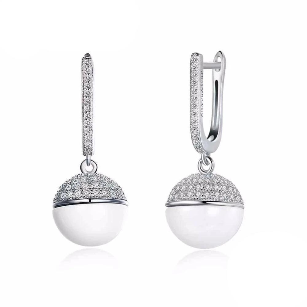 Sterling Silver Drop Earrings Zircon White Ball Ceramic Dangles Fine Jewelry Accessories Gift