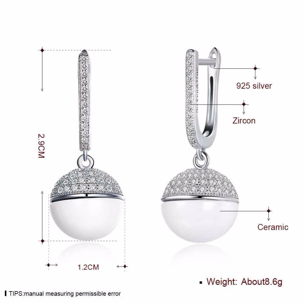 Sterling Silver Drop Earrings Zircon White Ball Ceramic Dangles Fine Jewelry Accessories Gift