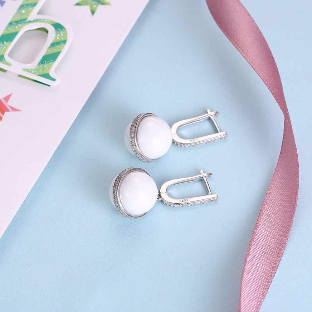 Sterling Silver Drop Earrings White Ball Ceramic CZ Micro Insert Dangles Fashion Jewelry Gift