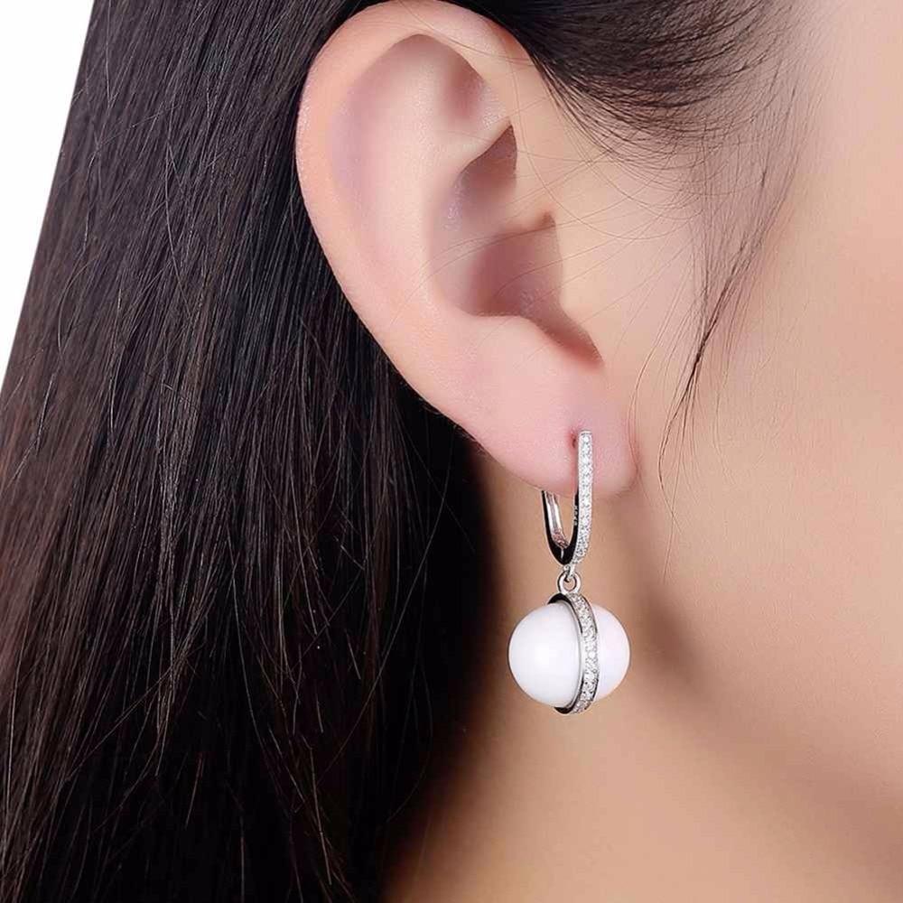 Sterling Silver Drop Earrings White Ball Ceramic CZ Micro Insert Dangles Fashion Jewelry Gift