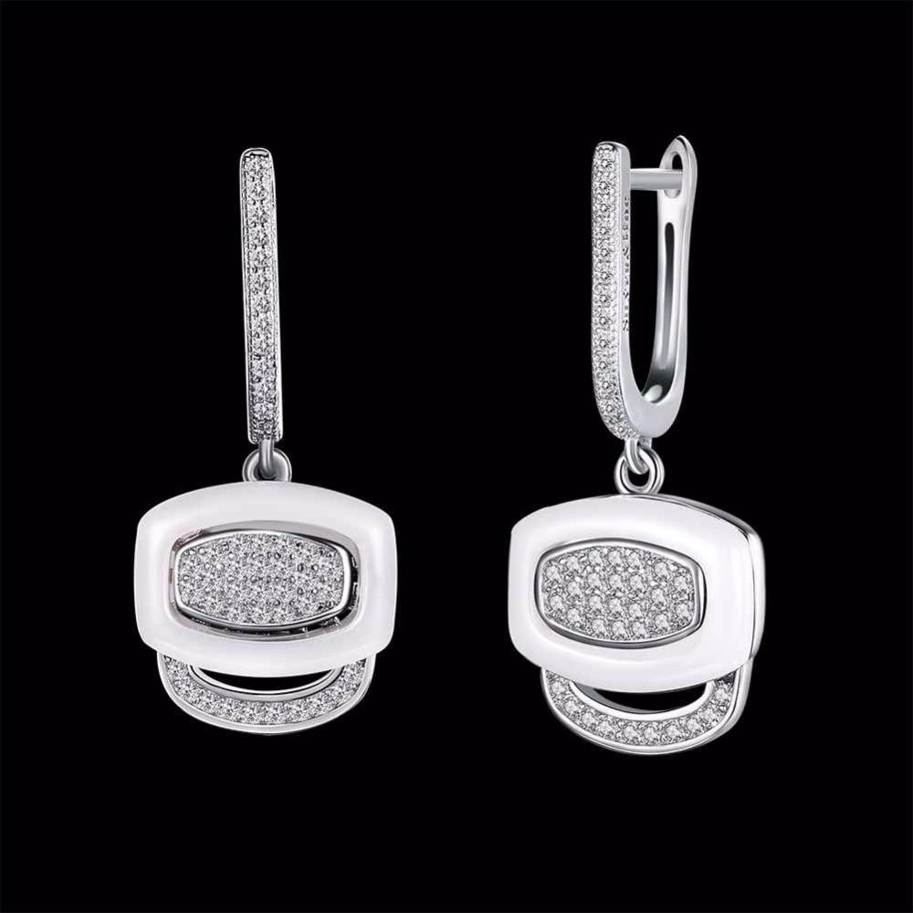 White Ceramic 925 Sterling Silver Crystals Drop Dangle Earrings Female Fine Jewelry Wedding Accessories Gift