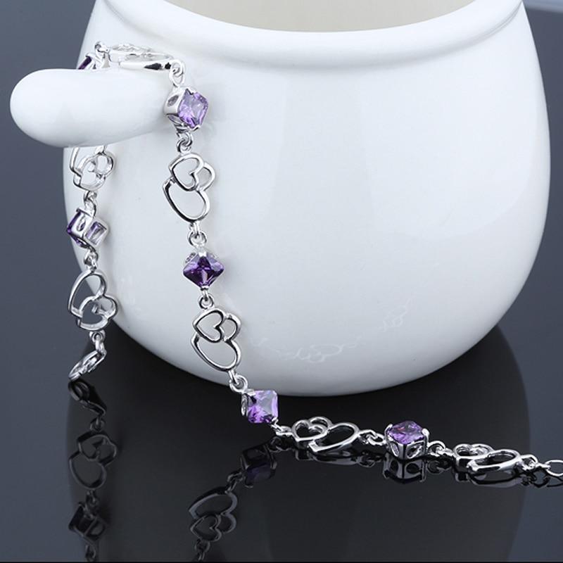 Women 925 Sterling Silver Heart to Heart Bracelets with Purple Rhombus Stone, Party Jewelry Gift for Women