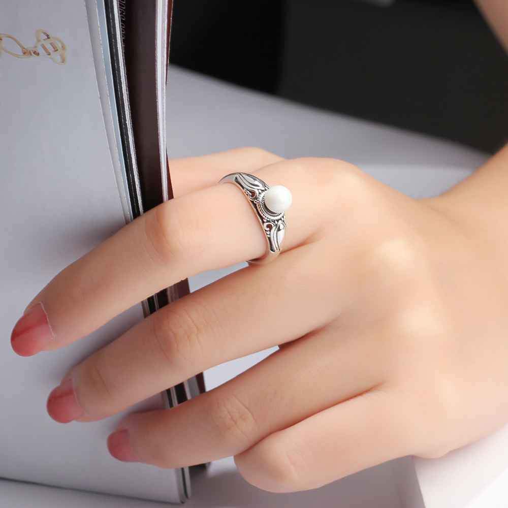 New Solid 925 Sterling Silver Rings for Women – Simulated Pearl Female Ring – Vintage Pattern Jewelry Gift for Girls 
