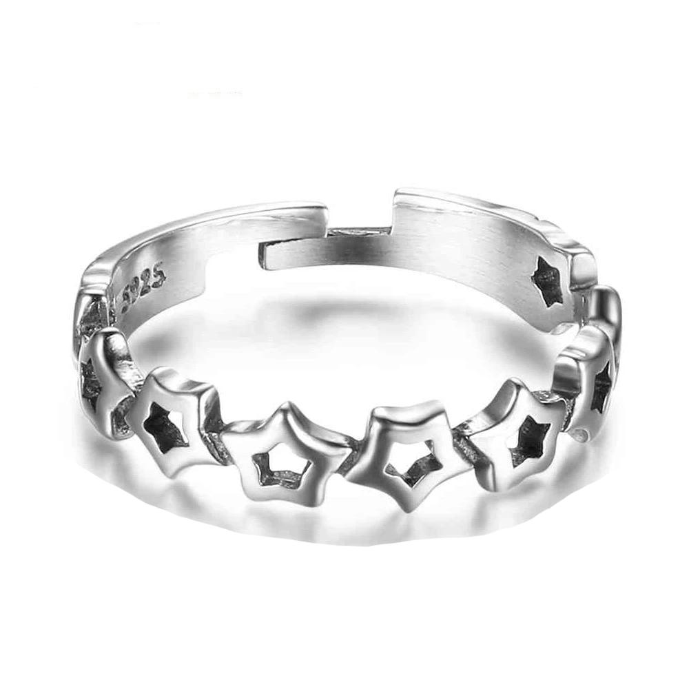 New Women Real 925 Sterling Silver Ring Open Adjustable Finger Ring with Stars Vintage Style Gift to Girls