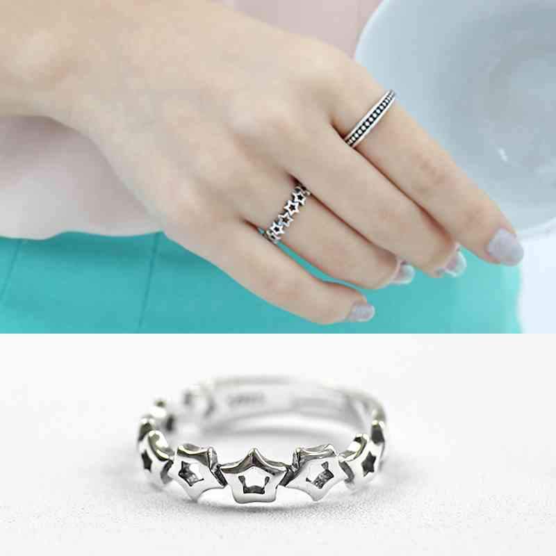 New Women Real 925 Sterling Silver Ring Open Adjustable Finger Ring with Stars Vintage Style Gift to Girls