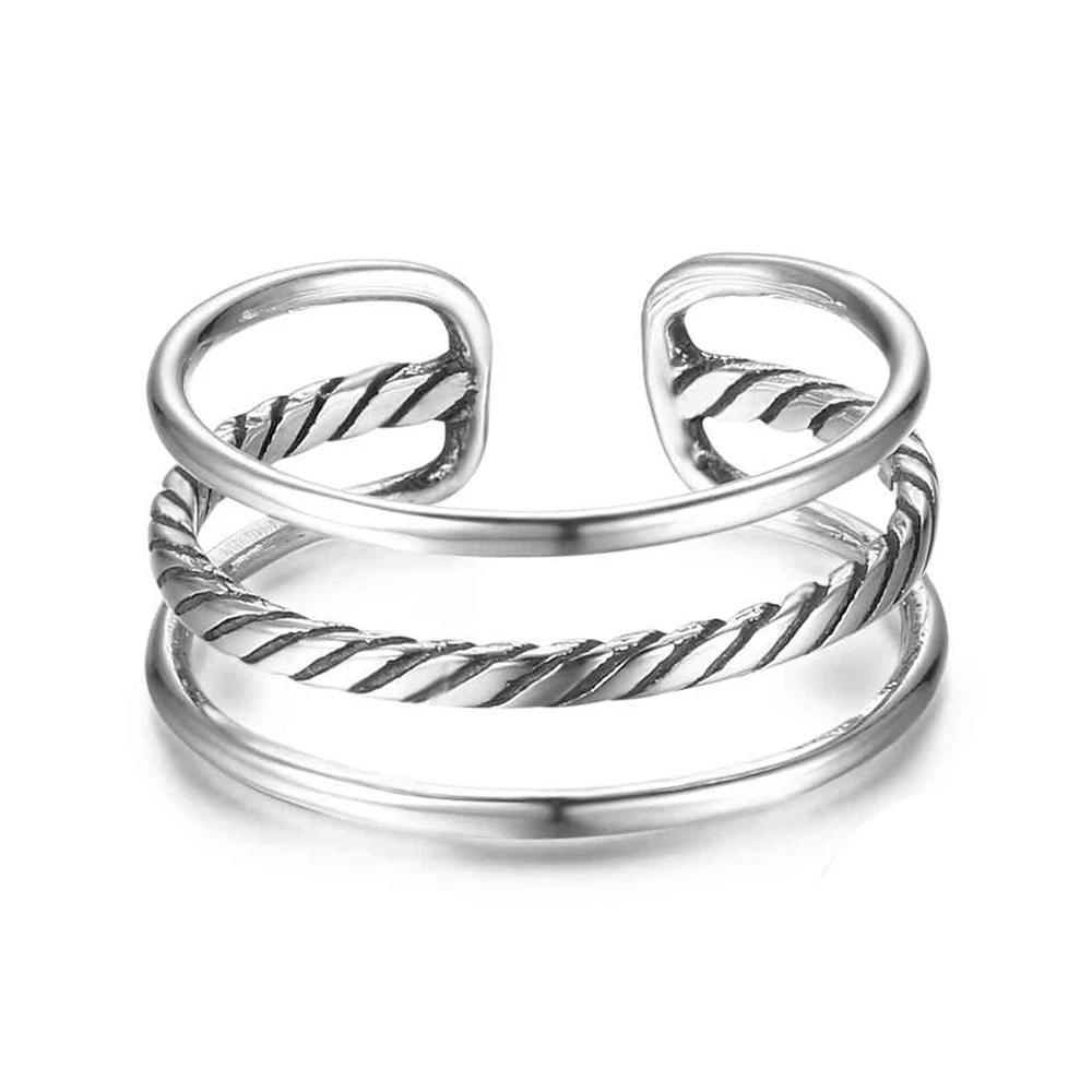 New Women Real 925 Sterling Silver Ring Open Adjustable Finger Ring with 3 Layers Trendy Style Gift for Girls