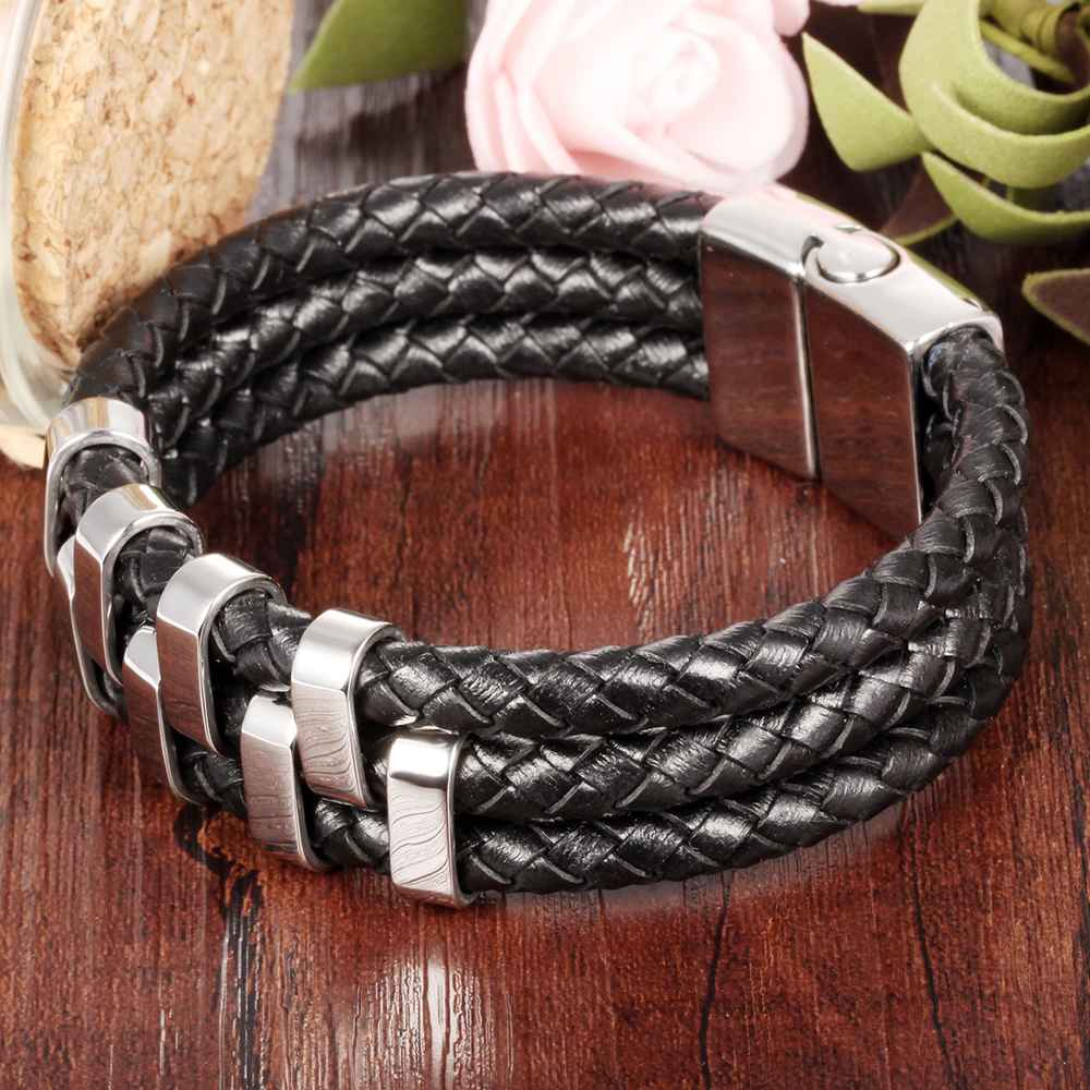 Stainless Steel Charm Bracelets & Bangles Fashion Men's Genuine Cowhide Rope Chain Bracelet Classic Style