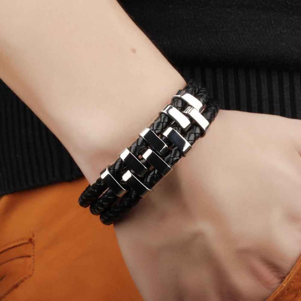 Stainless Steel Charm Bracelets & Bangles Fashion Men's Genuine Cowhide Rope Chain Bracelet Classic Style
