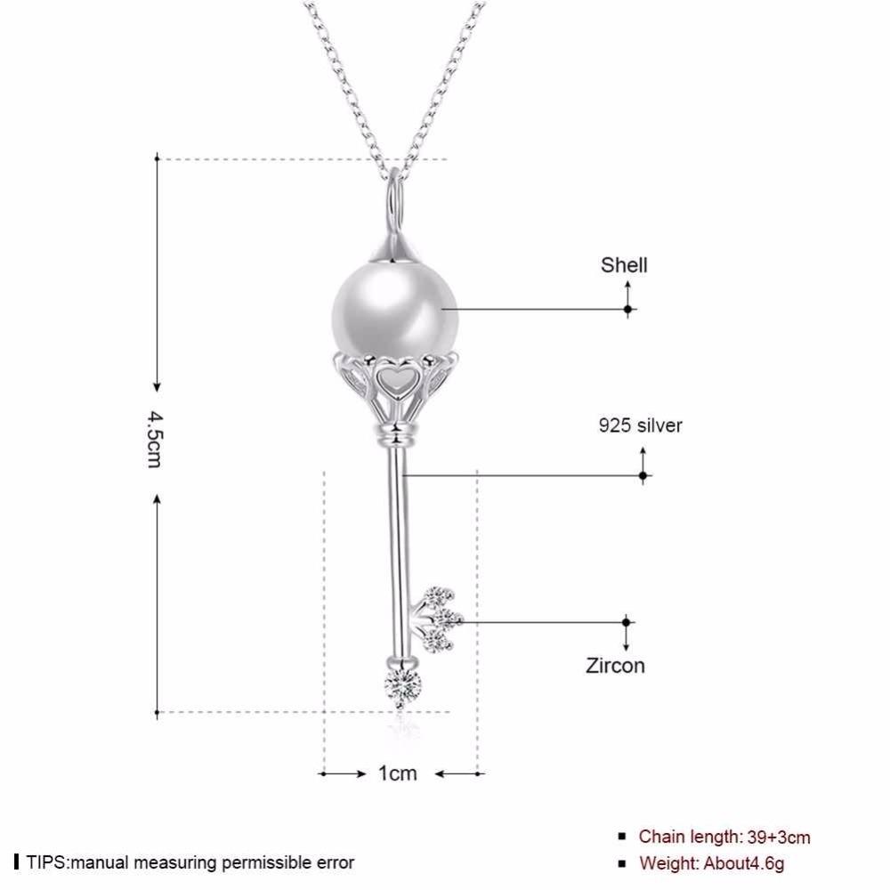 Solid Women’s 925 Sterling Silver Necklace with Key Design Simulated Pearl Pendant, Trendy Fashion Jewelry for Girls