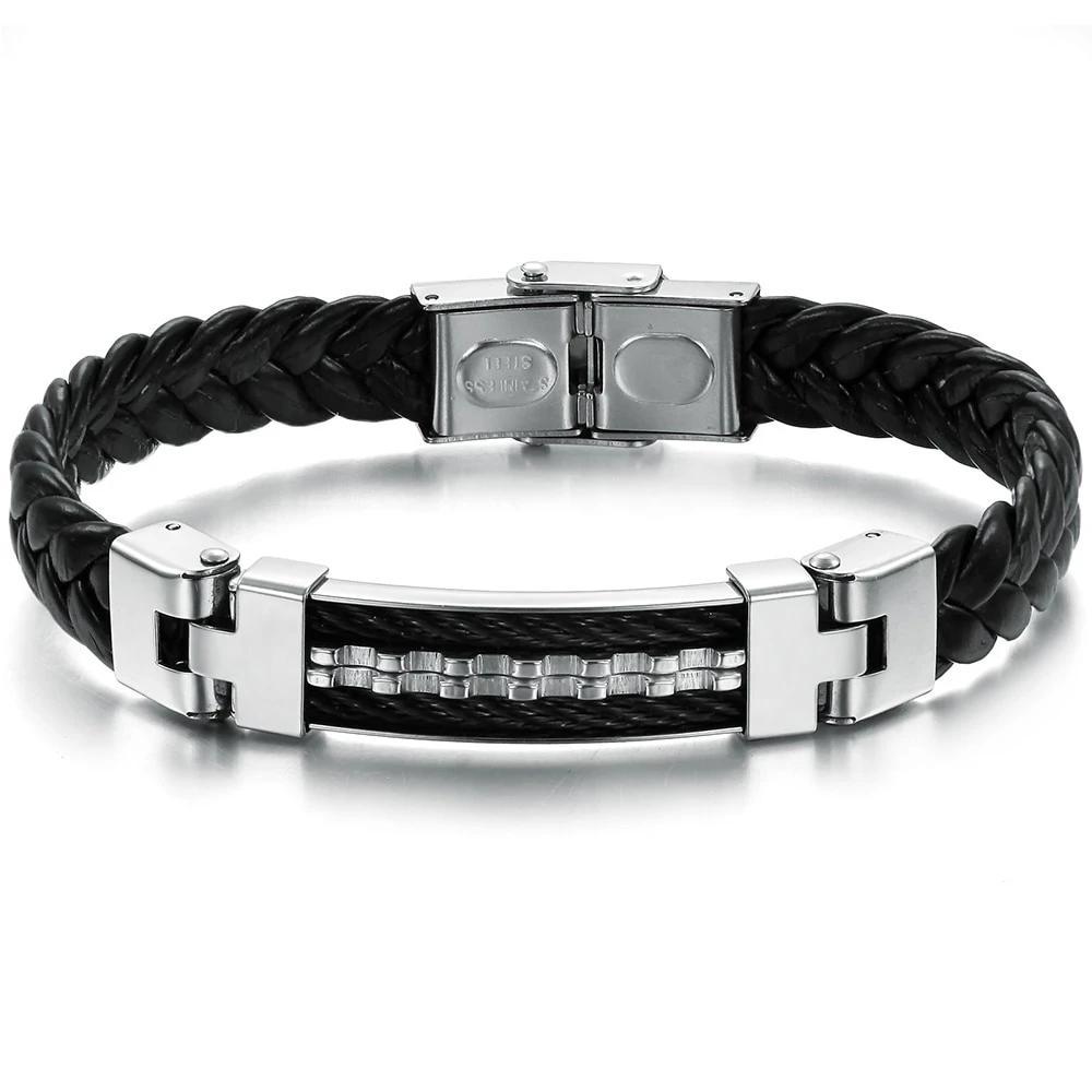 Wholesale Stainless Steel Men Jewelry Rope Bracelet Genuine PU Leather Specail Button For Men Bracelet