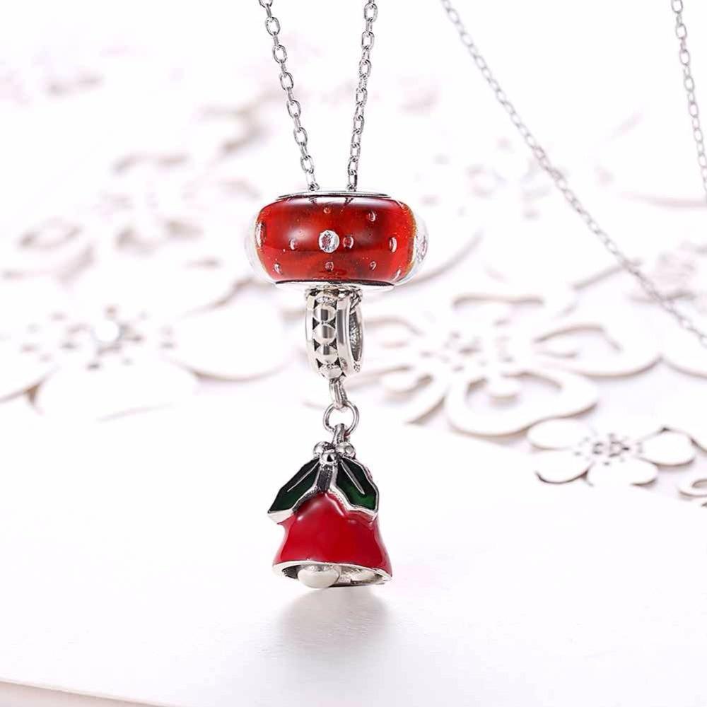 Women’s 925 Sterling Silver Solid Necklace with Red Bell Pendant, Ethnic Christmas Jewelry Gift for Girls
