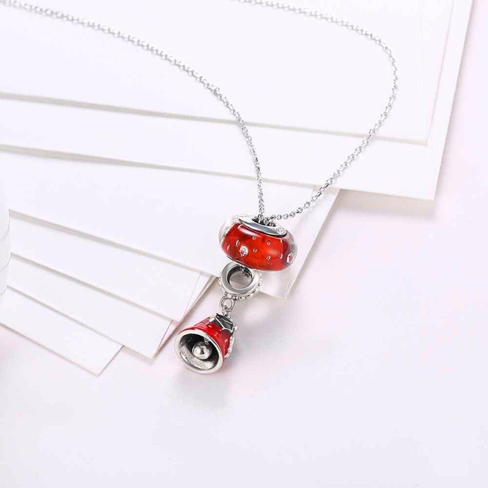 Women’s 925 Sterling Silver Solid Necklace with Red Bell Pendant, Ethnic Christmas Jewelry Gift for Girls