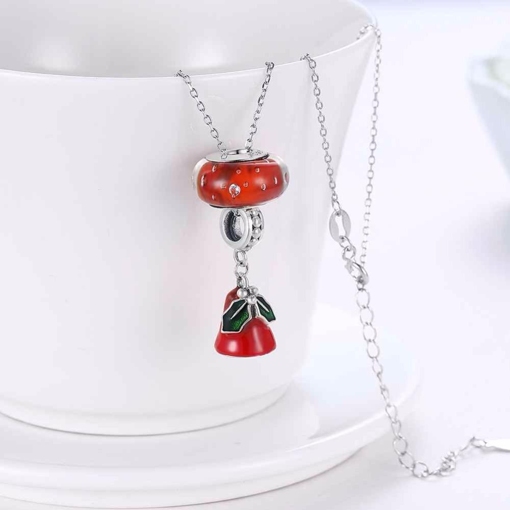 Women’s 925 Sterling Silver Solid Necklace with Red Bell Pendant, Ethnic Christmas Jewelry Gift for Girls
