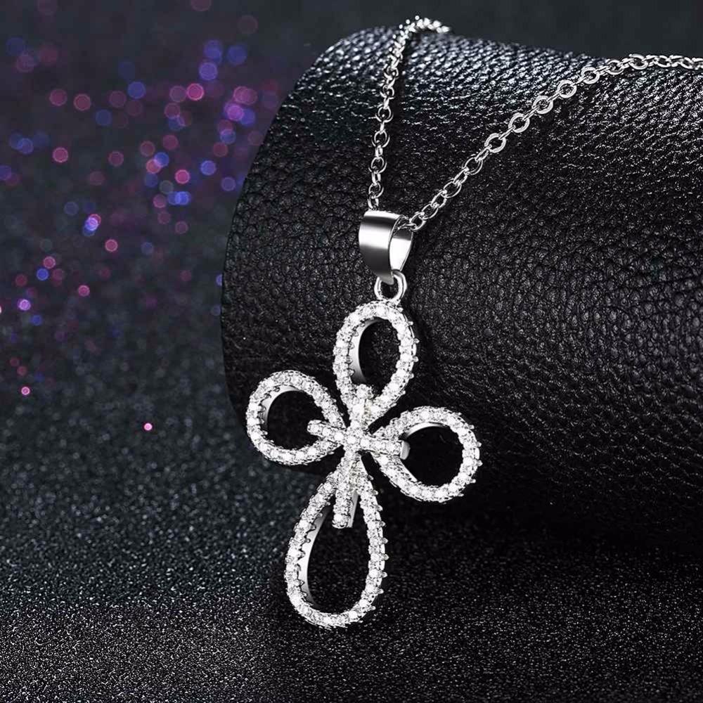 Solid Women’s 925 Sterling Silver Necklace with Cross Pattern CZ Pendant, Fashion Wedding Jewelry for Females, Trendy Pendant Necklace