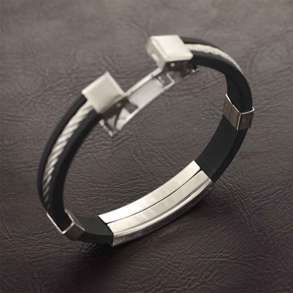 Wholesale Stainless Steel Men Jewelry Bracelets Genuine Silicone Leather Specail Button For Men Bracelet