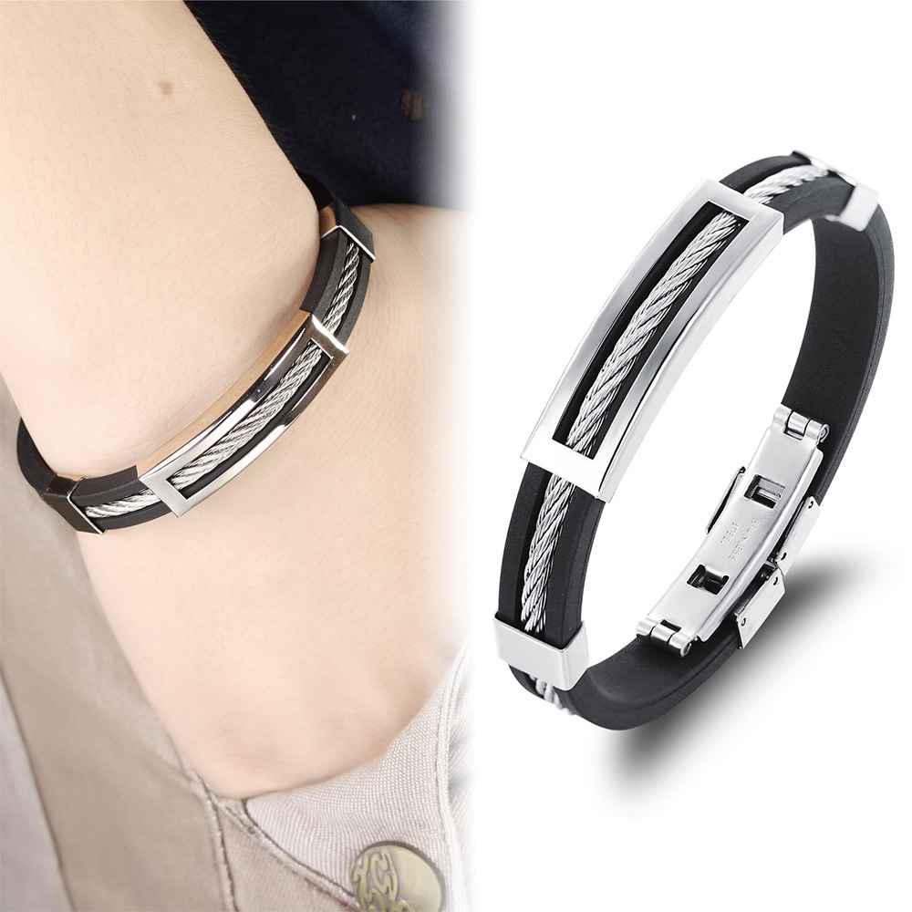 Wholesale Stainless Steel Men Jewelry Bracelets Genuine Silicone Leather Specail Button For Men Bracelet