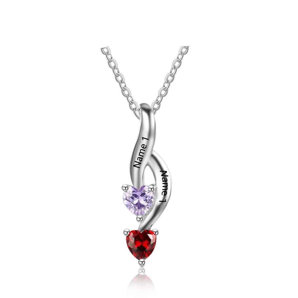 Personalized 925 Sterling Silver Fashion Necklace, Two Name & Two Heart Birthstone Engraved Pendant, Jewelry Gift for Her