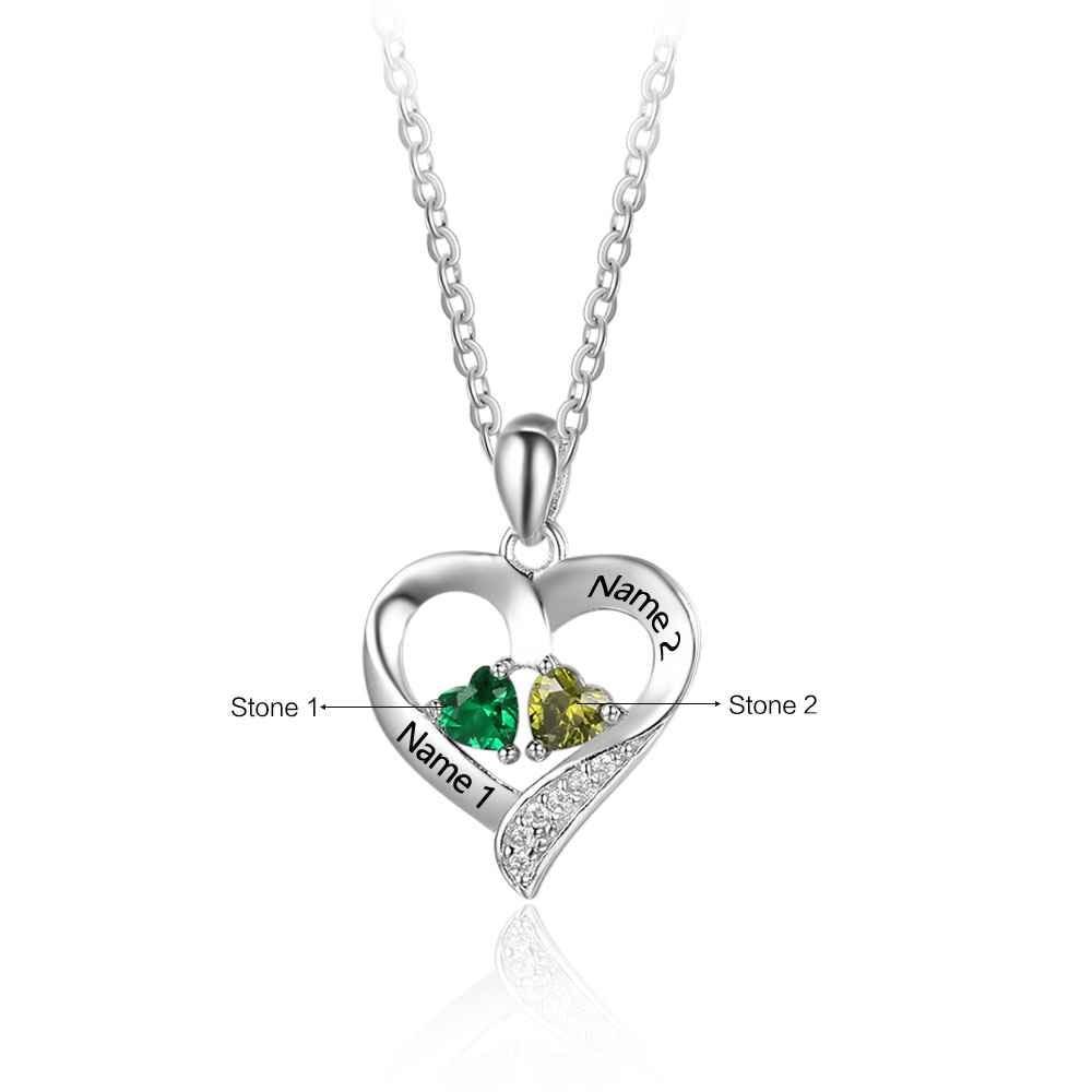 Personalized 925 Sterling Silver 2 Birthstone Necklace Pendants Engraved Heart BirthStones Necklace Mom Gift