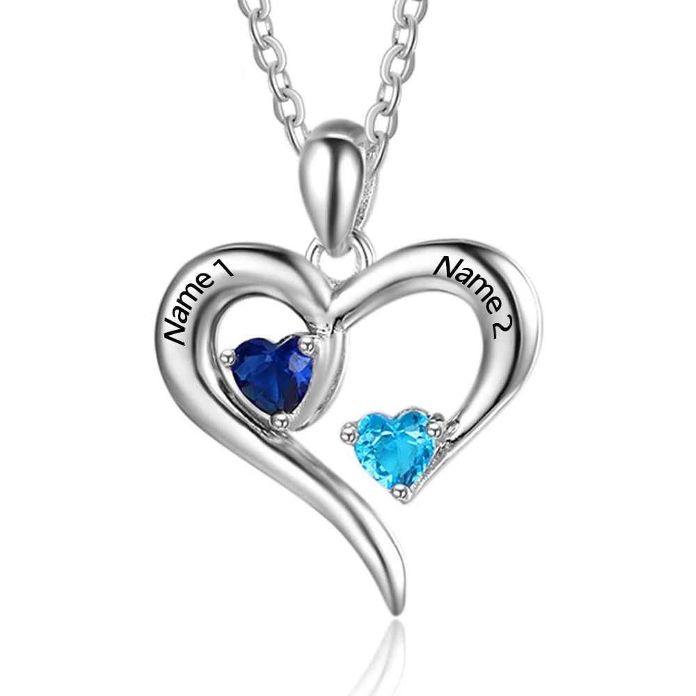Personalized 925 Sterling Silver 2 Birthstone Necklace Pendants Engraved Heart BirthStones Jewelry Mom Gift