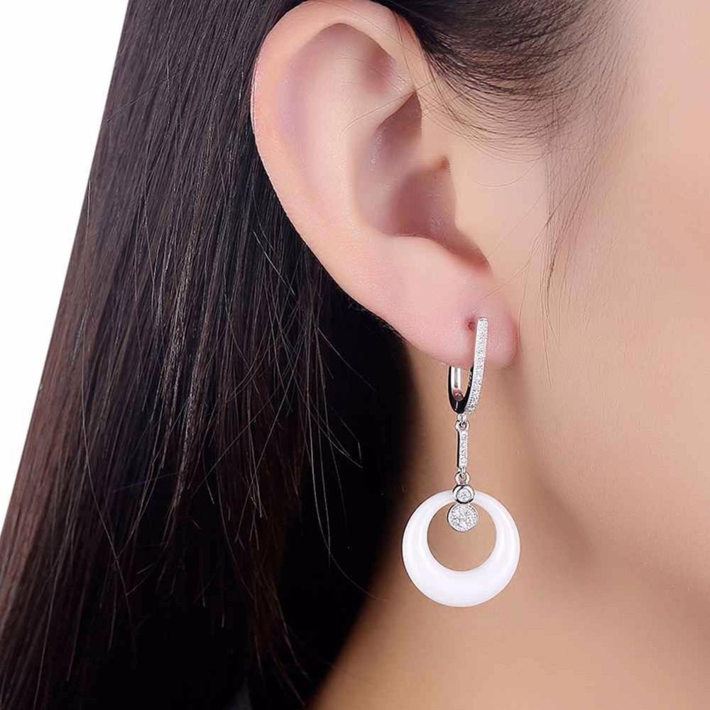Sterling Silver Drop Earrings White Round Ceramic with Cubic Zirconia Dangle Drop Earring