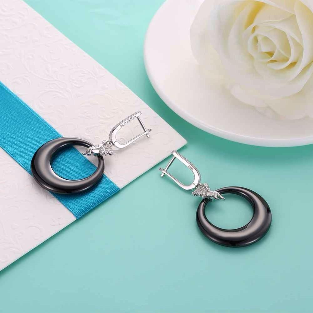 Women’s 925 Sterling Silver Drop Earrings with Angel Black Round Ceramic Dangler, Trendy Jewelry for Females