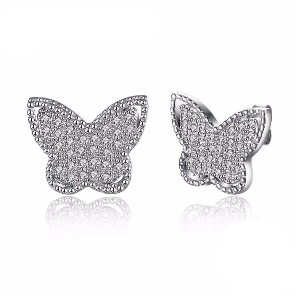 Solid 925 Sterling Silver Stud Earring Butterfly Design Cubic Zirconia Party Jewelry Earrings For Women