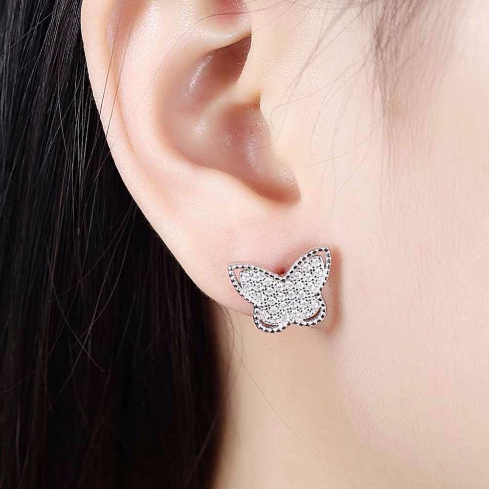 Solid 925 Sterling Silver Stud Earring Butterfly Design Cubic Zirconia Party Jewelry Earrings For Women