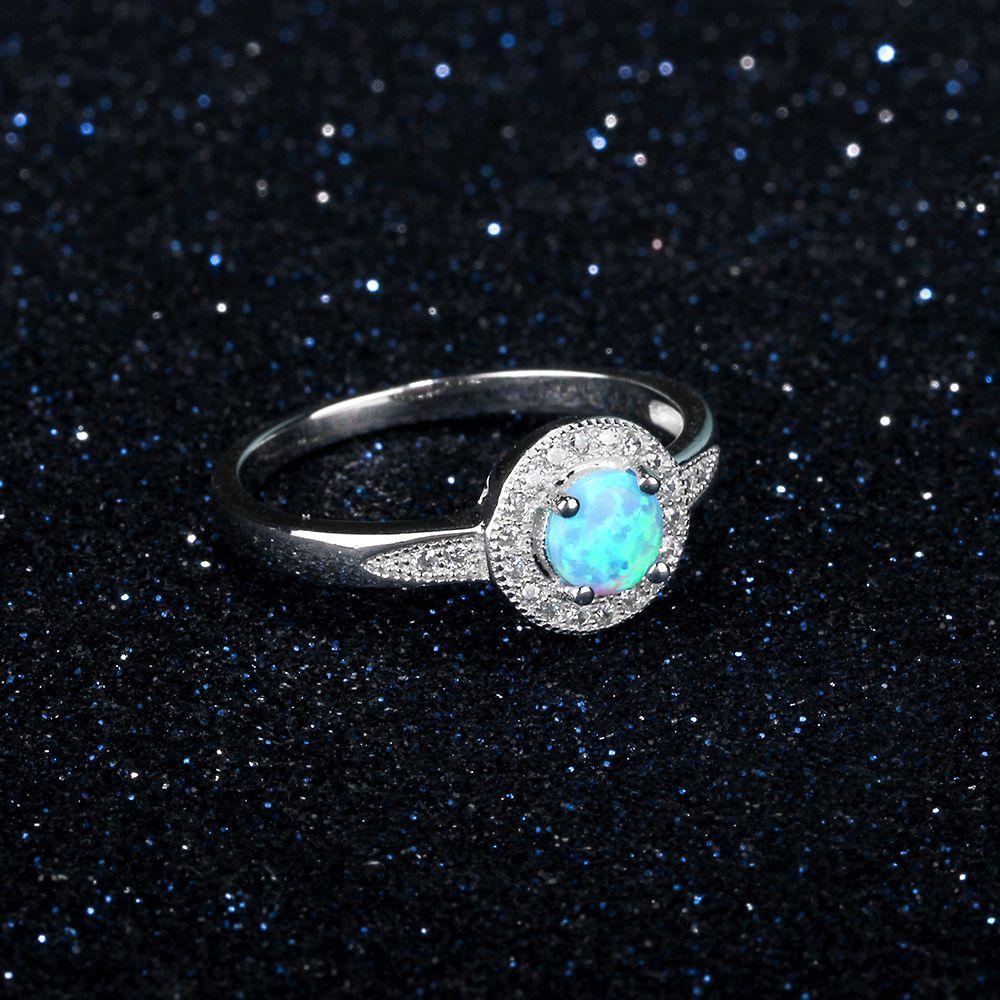 925 Sterling Silver Rings with 5mm Round Blue Opal, Trendy Wedding Bands for Women