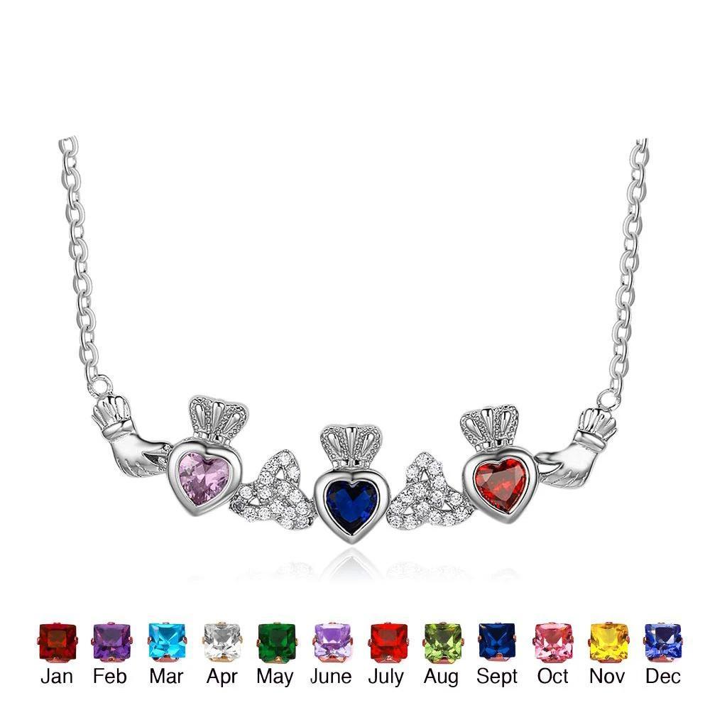 Sterling Silver Claddagh Necklace & Pendants 3 Heart Customized Stones Personalized Jewelry Irish Friendship