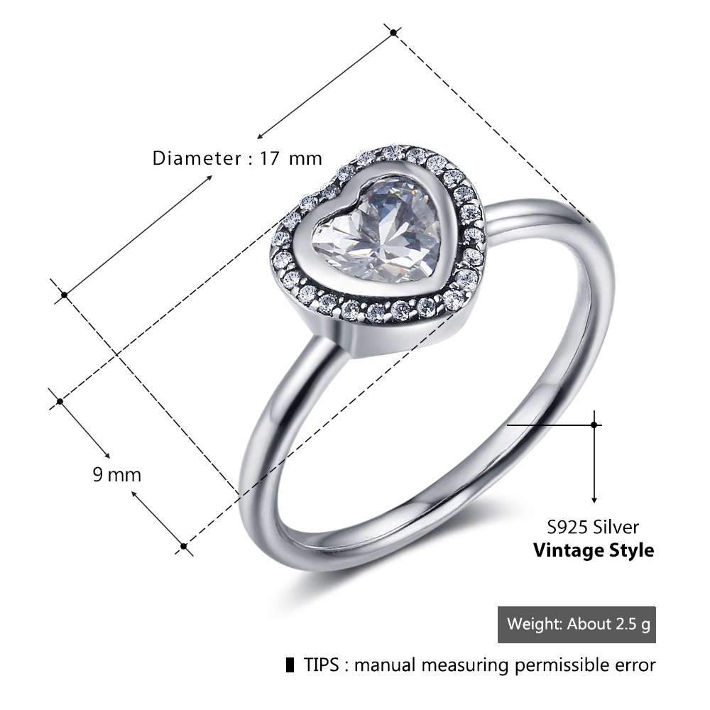Solid 925 Sterling Silver Female Rings Heart Shape 9mm Wide Rings with Silver Heart Inserted