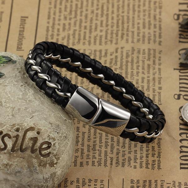 Stainless Steel Genuine Leather Wrist Bracelets for Men, Best Gift for Boyfriend on Special Occasion