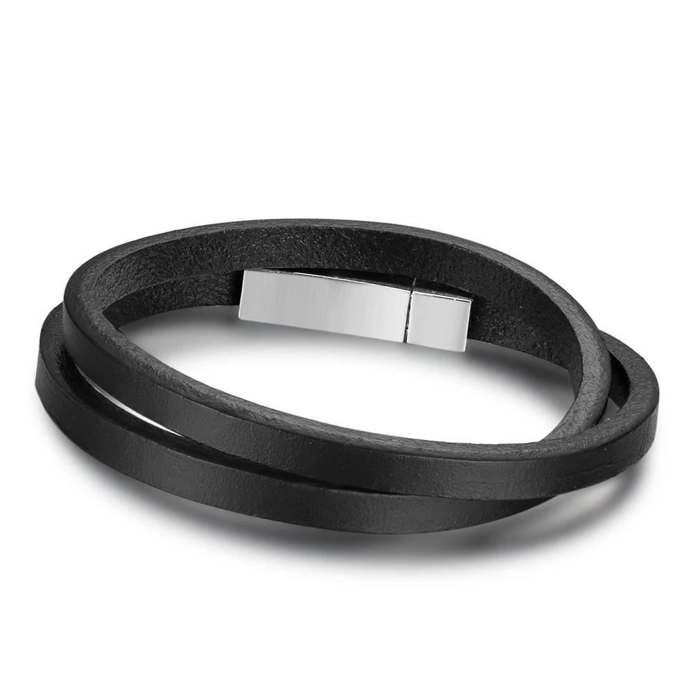 Trendy Stainless Steel & Genuine Leather Men’s Bracelets, Black Wrap Wristband Accessory for Men