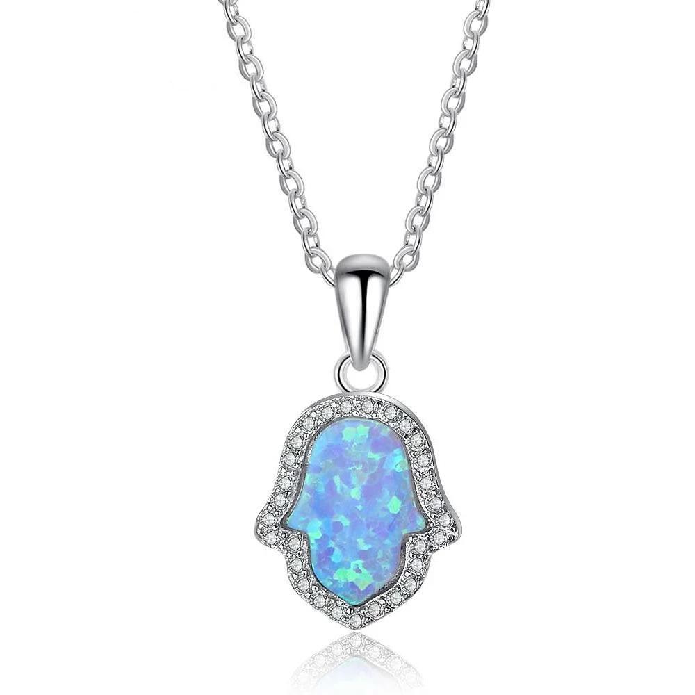 Hamasa Hand Shape Opal Stone Ocean Style Jewelry 925 Sterling Silver Necklace & Pendants Lucky Gift Amulet