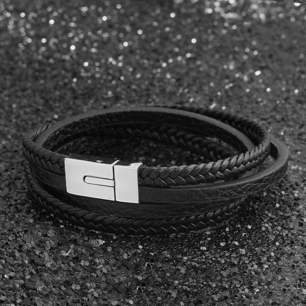 Classy Genuine Leather Braided Bracelets for Men with Stainless Steel Details, Wristband Gift for Him