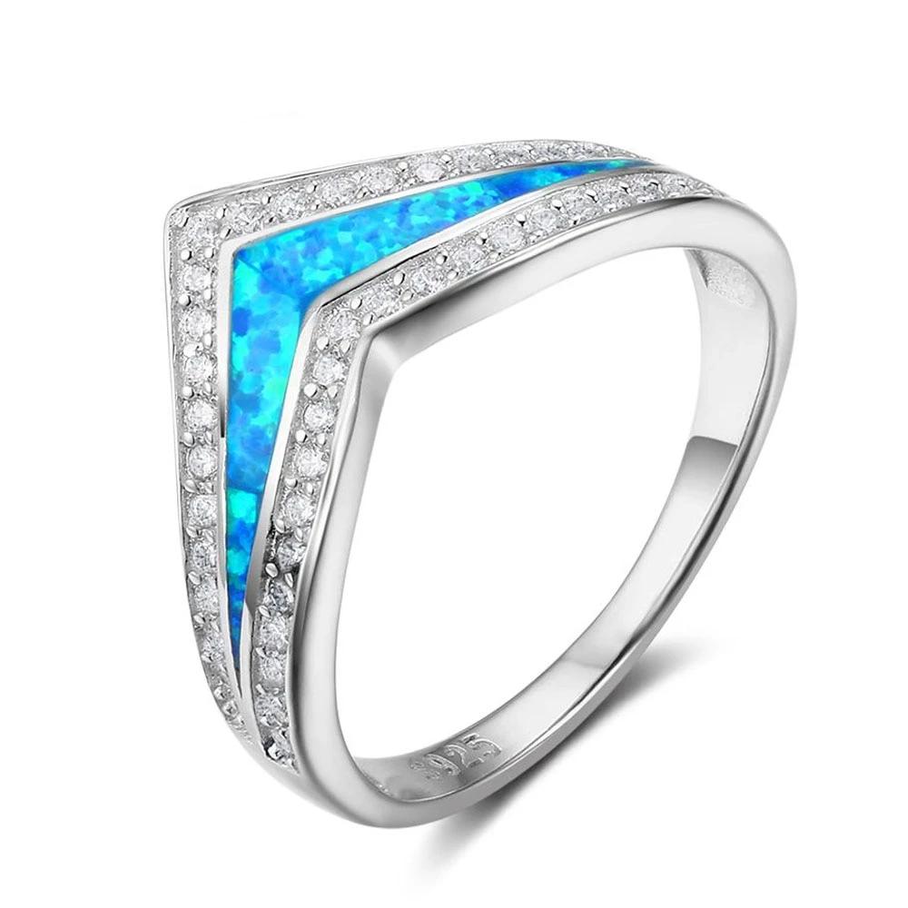 Trendy 925 Sterling Silver Blue Opal Stone & Cubic Zirconia Wedding Engagement Ring Gift Ideas For Women