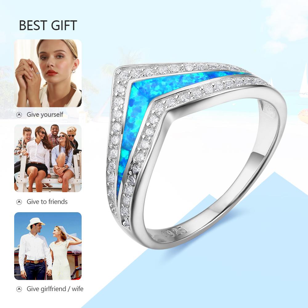 Trendy 925 Sterling Silver Blue Opal Stone & Cubic Zirconia Wedding Engagement Ring Gift Ideas For Women