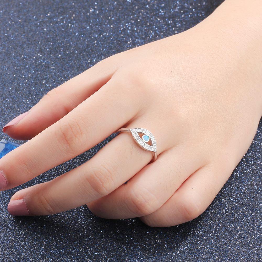 Solid 925 Sterling Silver Blue Opal Stone Cubic Zirconia Eye Shape Finger Rings Wedding Jewelry Gift For Her