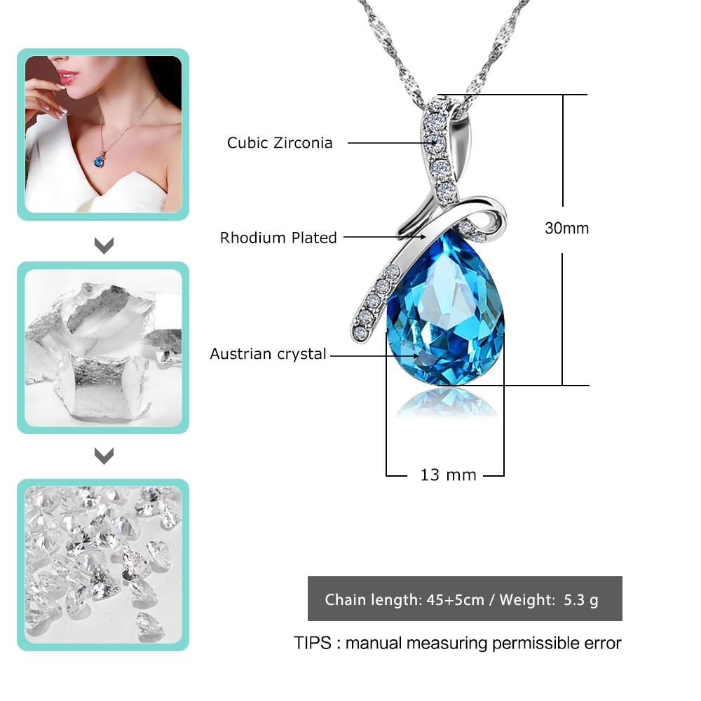 Rhodium Plated Fashion Necklace with Blue Crystal Water Drop Pendant, Gift Ideas for Women