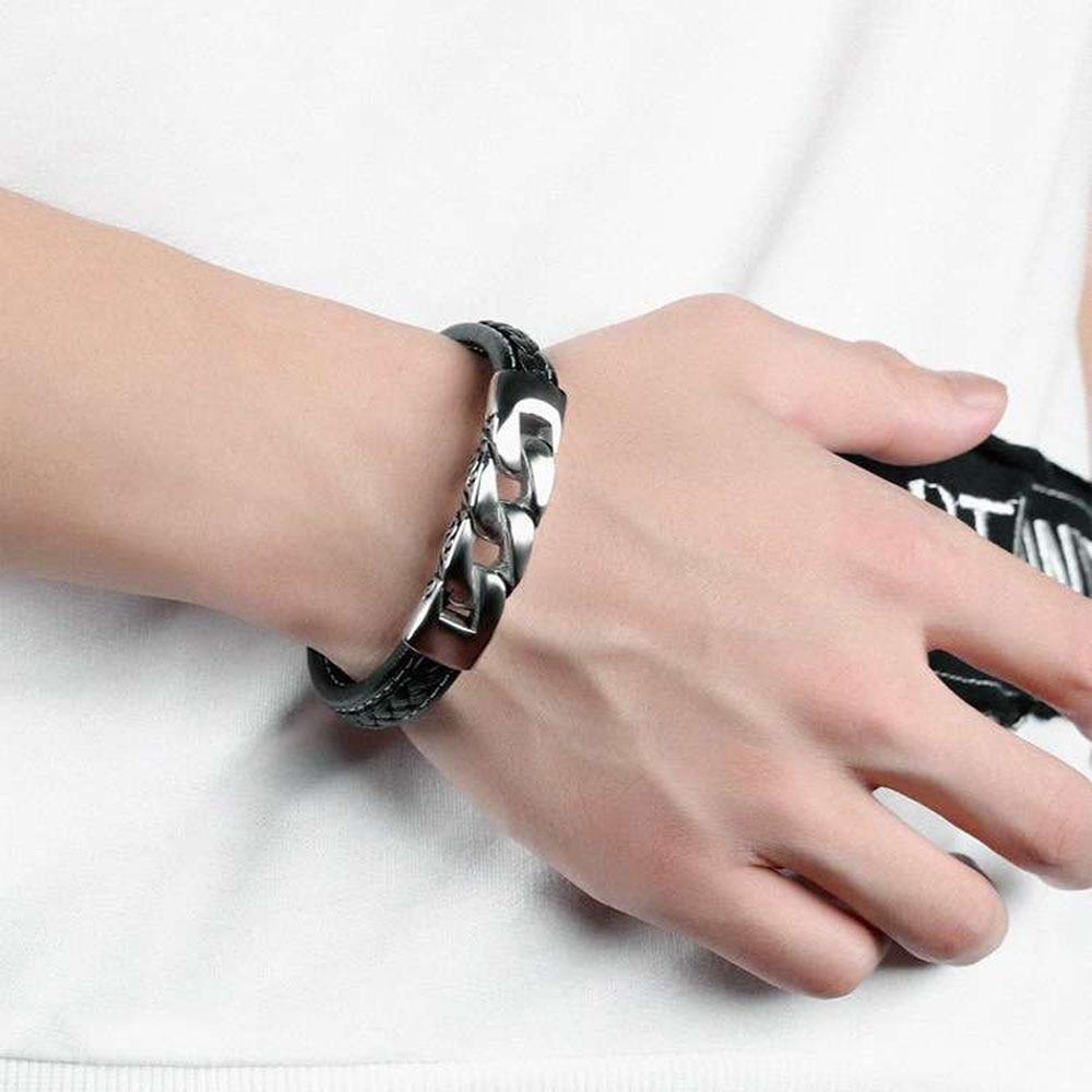 Stainless Steel Leather Bracelet, Weave Shape Bracelets, Fashion Jewelry for Men